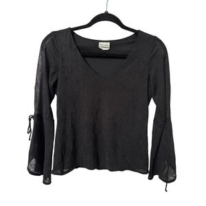 Y2K Pelican Cove Black Sheer Crinkle V-Neck Bell Sleeve Tie Cuff Top Womens